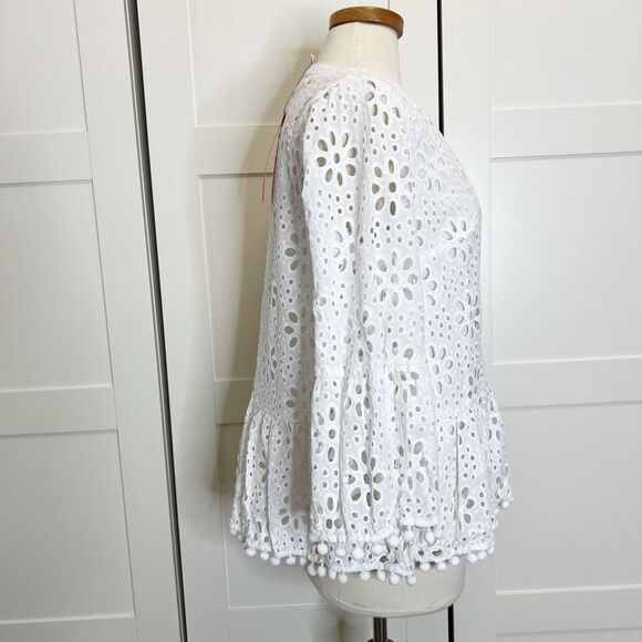 Lilly Pulitzer Womens White Bekah 3/4 Sleeves Split Neck Eyelet Top Size Medium - Picture 3 of 8